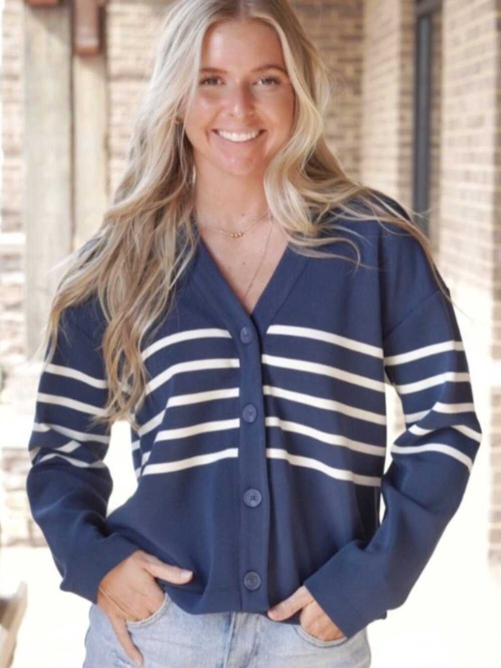 NEW Spanx Air Essentials Cardigan Striped Midnight Navy Porcelain Large Buttons